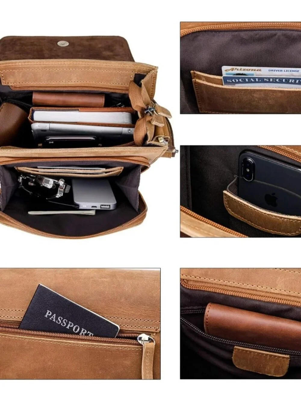 Men's Brown Yellow Genuine Leather Crossbody Travel Metal Zipper Messenger Bag
